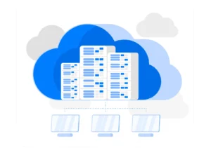 "Ilustração simplificada de uma infraestrutura de nuvem com ícones de servidor e armazenamento, conectados a dispositivos móveis e em nuvem, em tons de azul e branco.