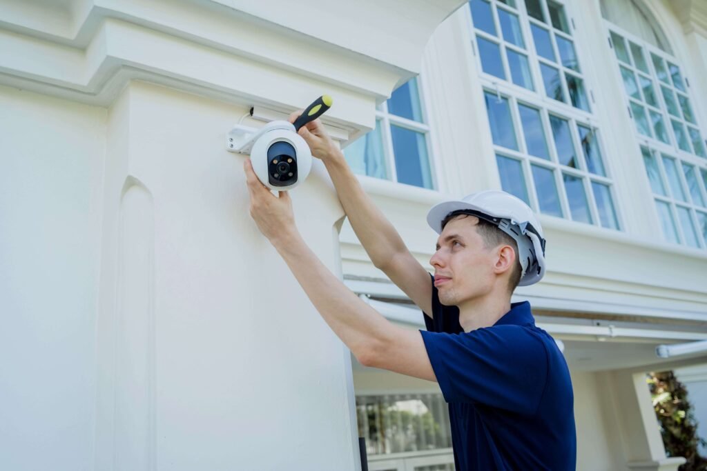 Um técnico de CFTV em uniforme azul com capacete de segurança branco instala uma câmera de segurança externa em uma casa. Ele ajusta a câmera montada na parede, enquanto olha atentamente para o dispositivo.