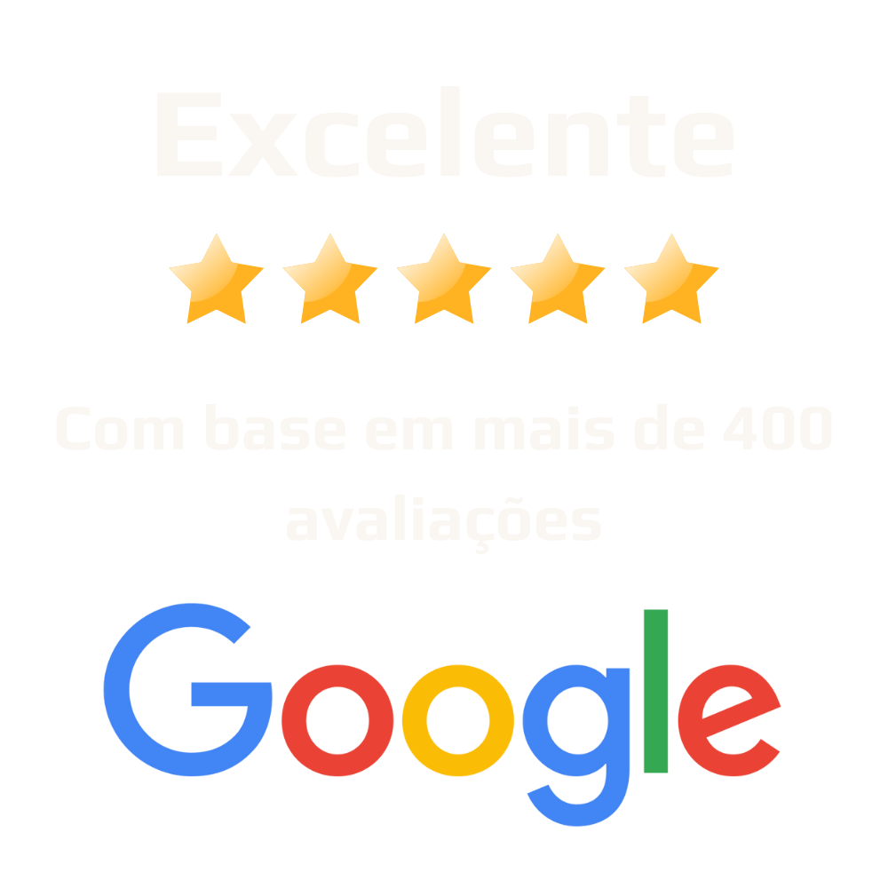Gráfico de avaliação com cinco estrelas douradas e a frase "Excelente - Com base em mais de 400 avaliações" logo abaixo, com o logotipo do Google em cores.