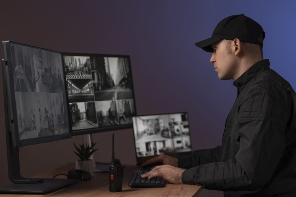 Um operador de segurança monitorando várias telas de câmeras de segurança. Ele está sentado à frente de monitores que exibem imagens em preto e branco de diferentes locais. A sala tem uma iluminação suave e o operador usa um uniforme preto.