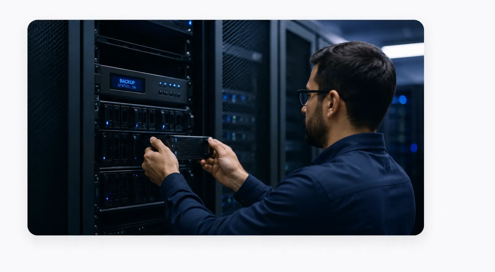 Técnico da GSS gerenciando servidor de backup com status OK