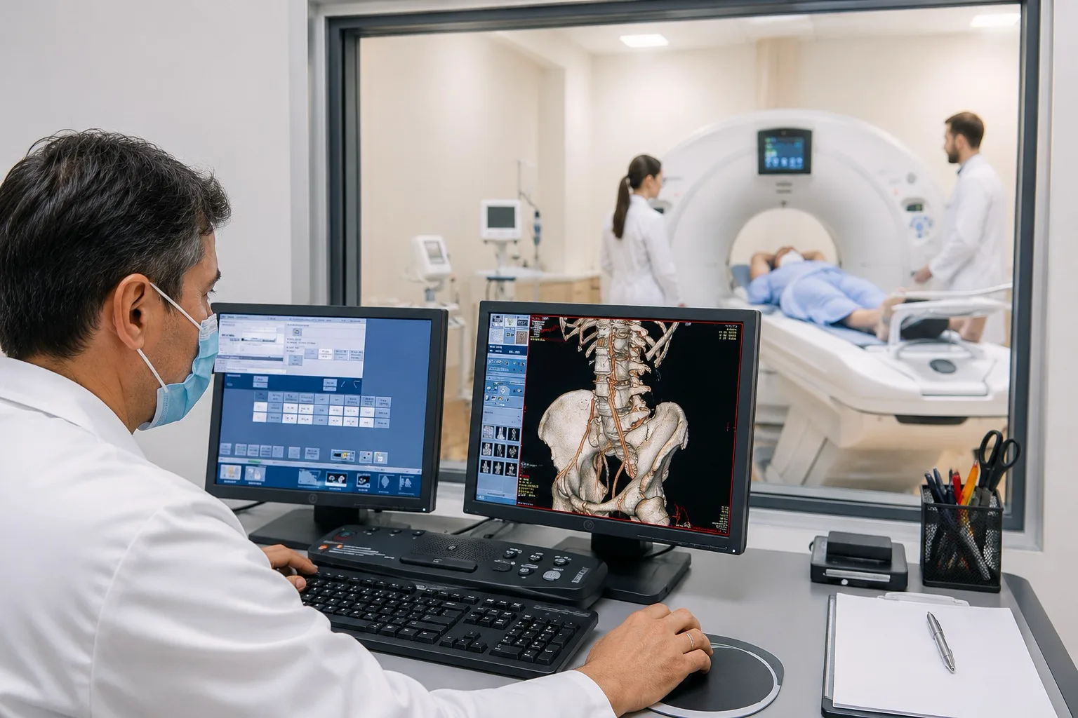 Especialista da GSS em informática em saúde operando sistema de imagem médica