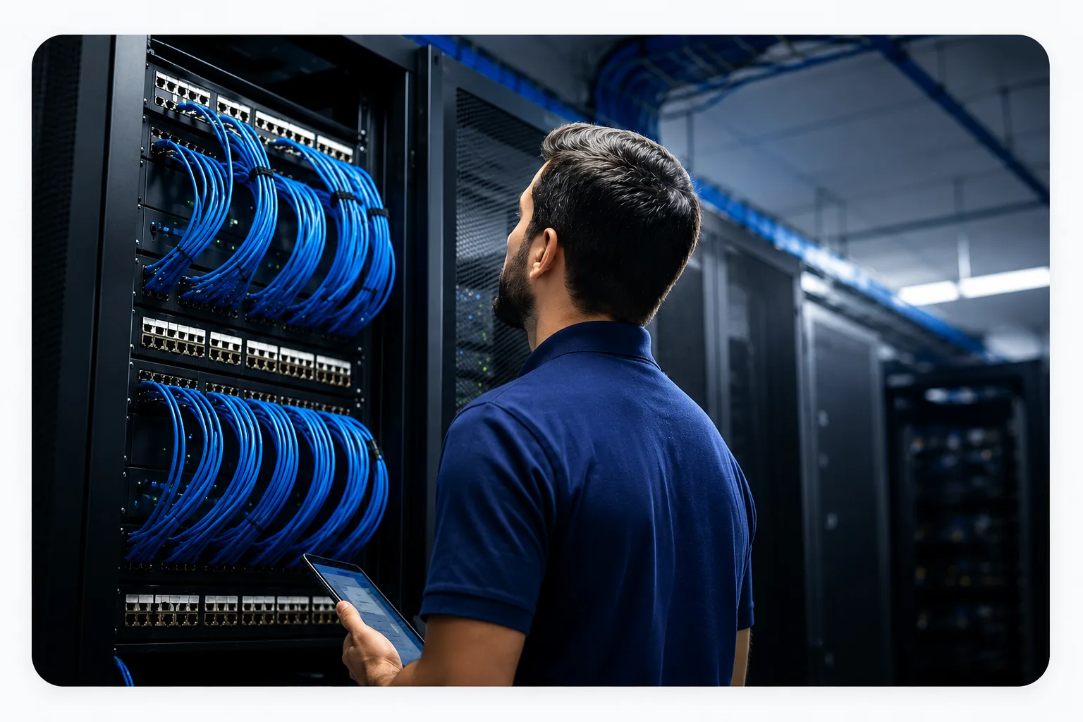 Técnico da GSS em projeto de rede corporativa e Wi-Fi